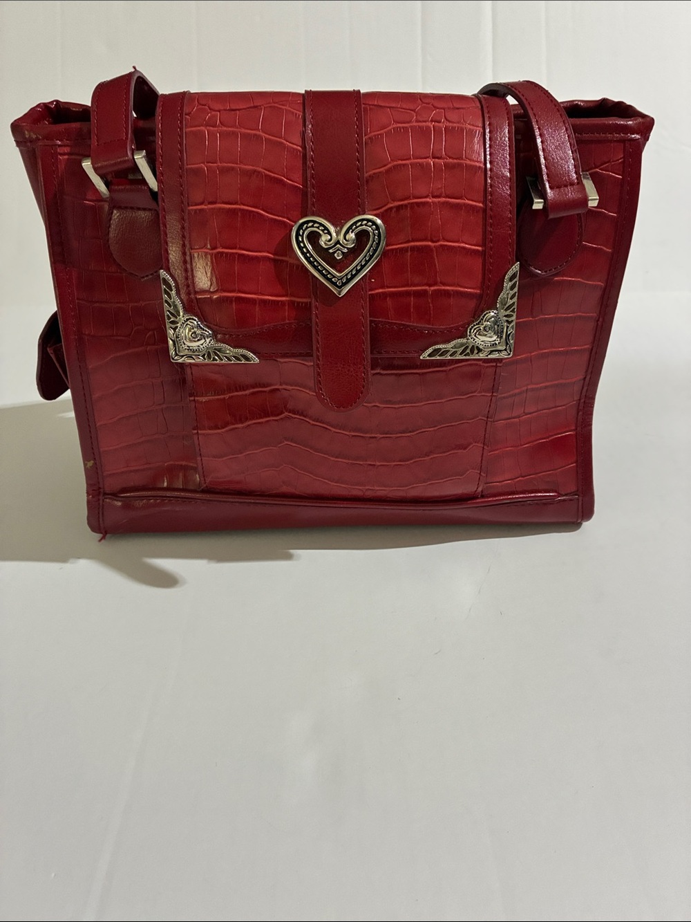 Croc-Embossed Red Satchel with Heart Accent
